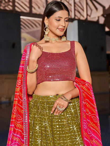 Tulsi Art Marvelous Olive Green Sequins Georgette Sangeet Wear Lehenga Choli