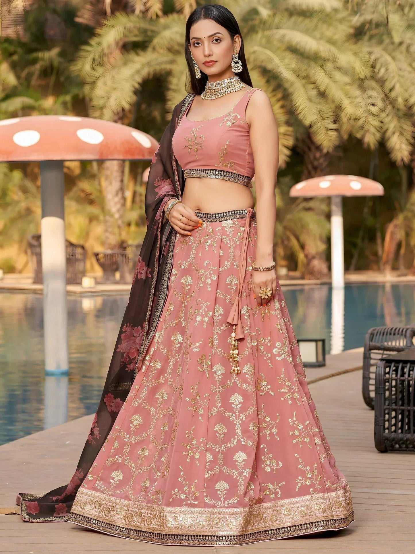 Tulsi Art Wonderful Pink Thread Work Georgette Function Wear Lehenga Choli