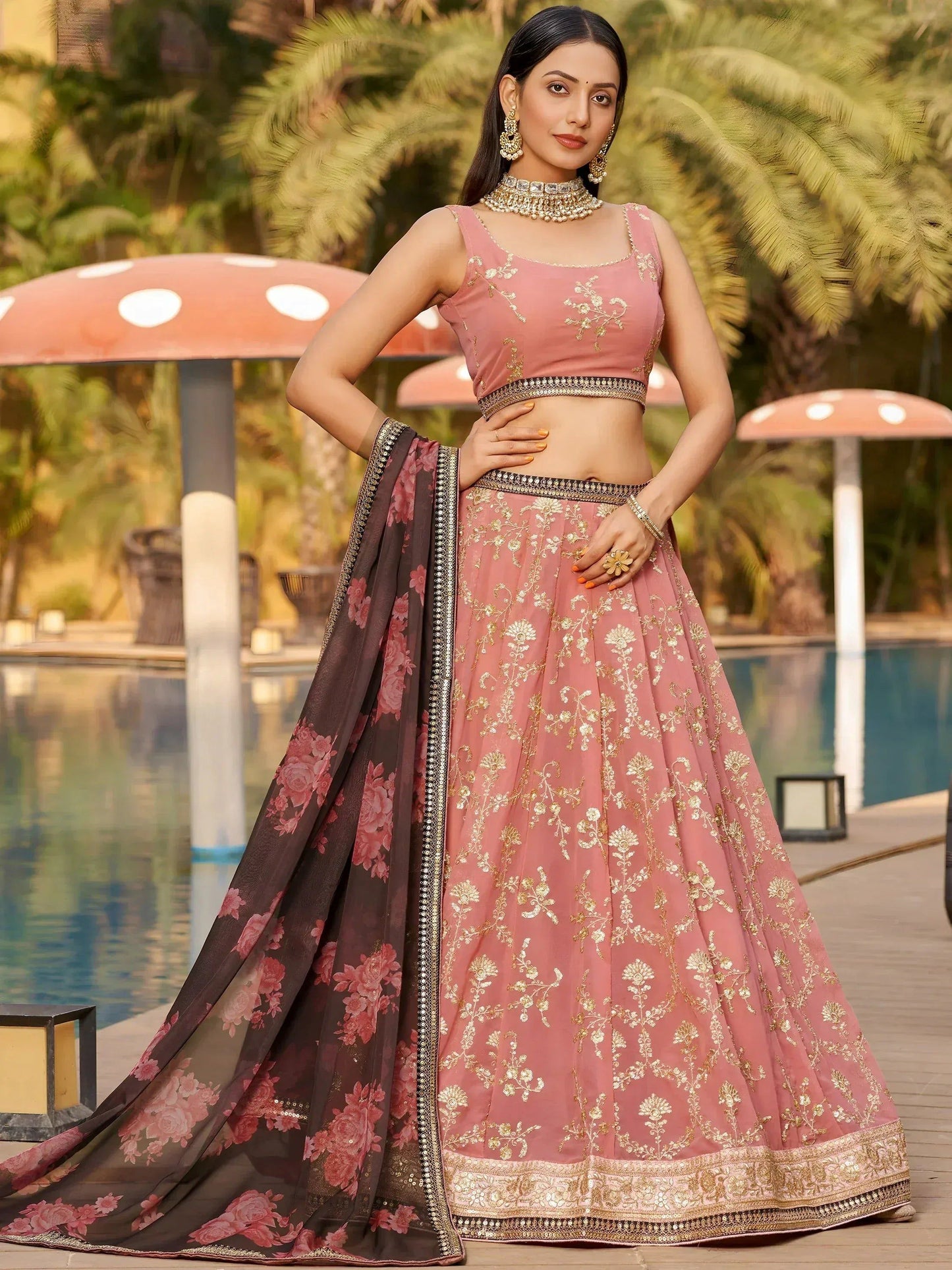 Tulsi Art Wonderful Pink Thread Work Georgette Function Wear Lehenga Choli