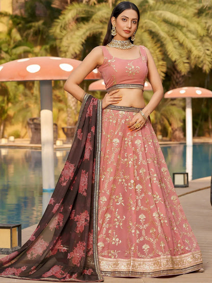 Tulsi Art Wonderful Pink Thread Work Georgette Function Wear Lehenga Choli
