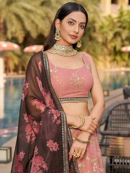 Tulsi Art Wonderful Pink Thread Work Georgette Function Wear Lehenga Choli