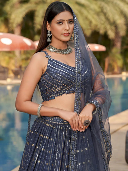 Tulsi Art Fantastic Grey Sequins Georgette Reception Wear Lehenga Choli