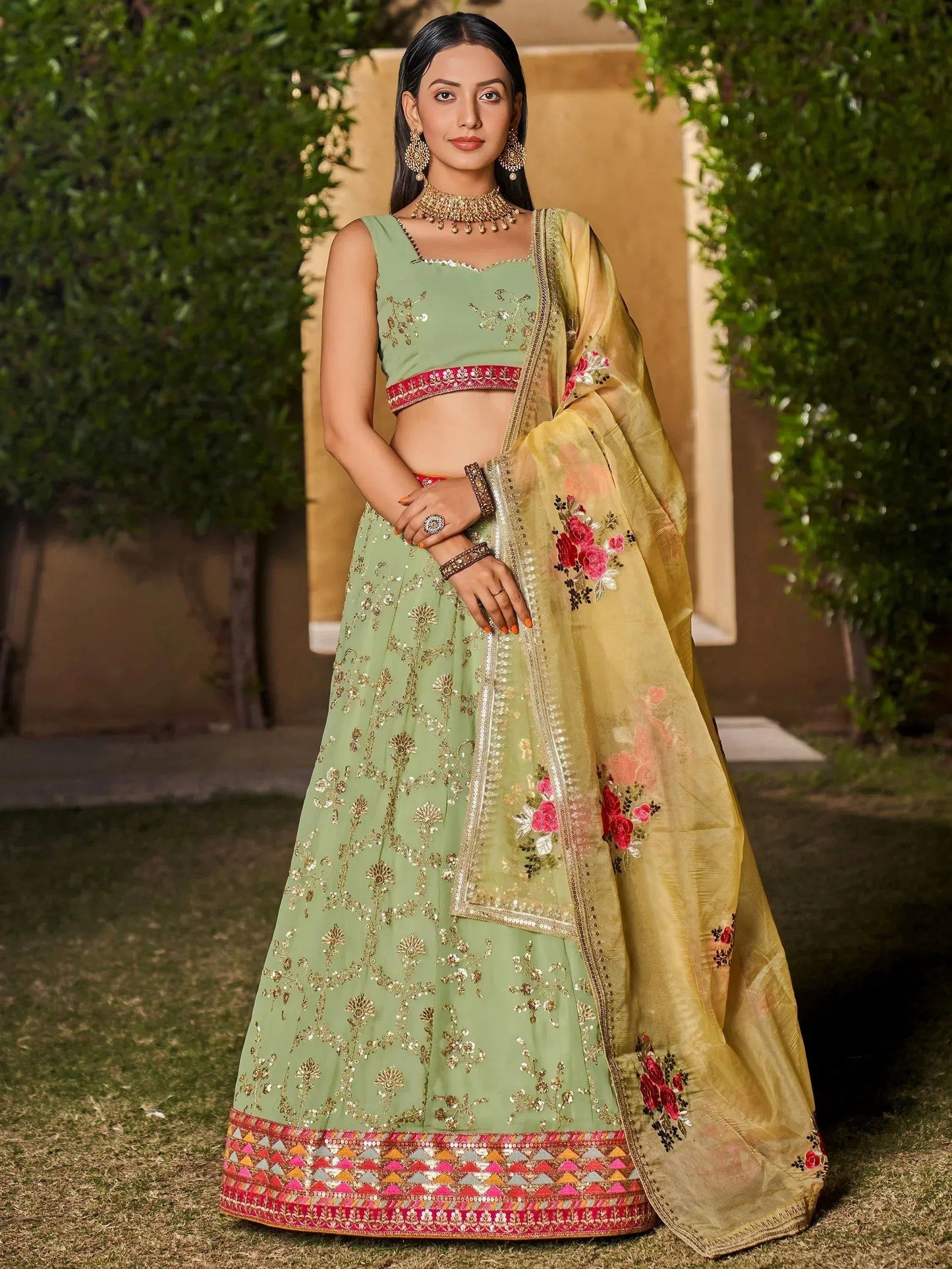 Tulsi Art Incredible Pista Green Sequins Georgette Lehenga Choli With Dupatta