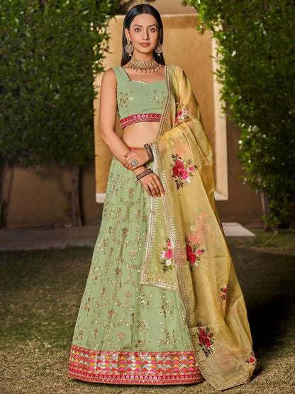 Tulsi Art Incredible Pista Green Sequins Georgette Lehenga Choli With Dupatta