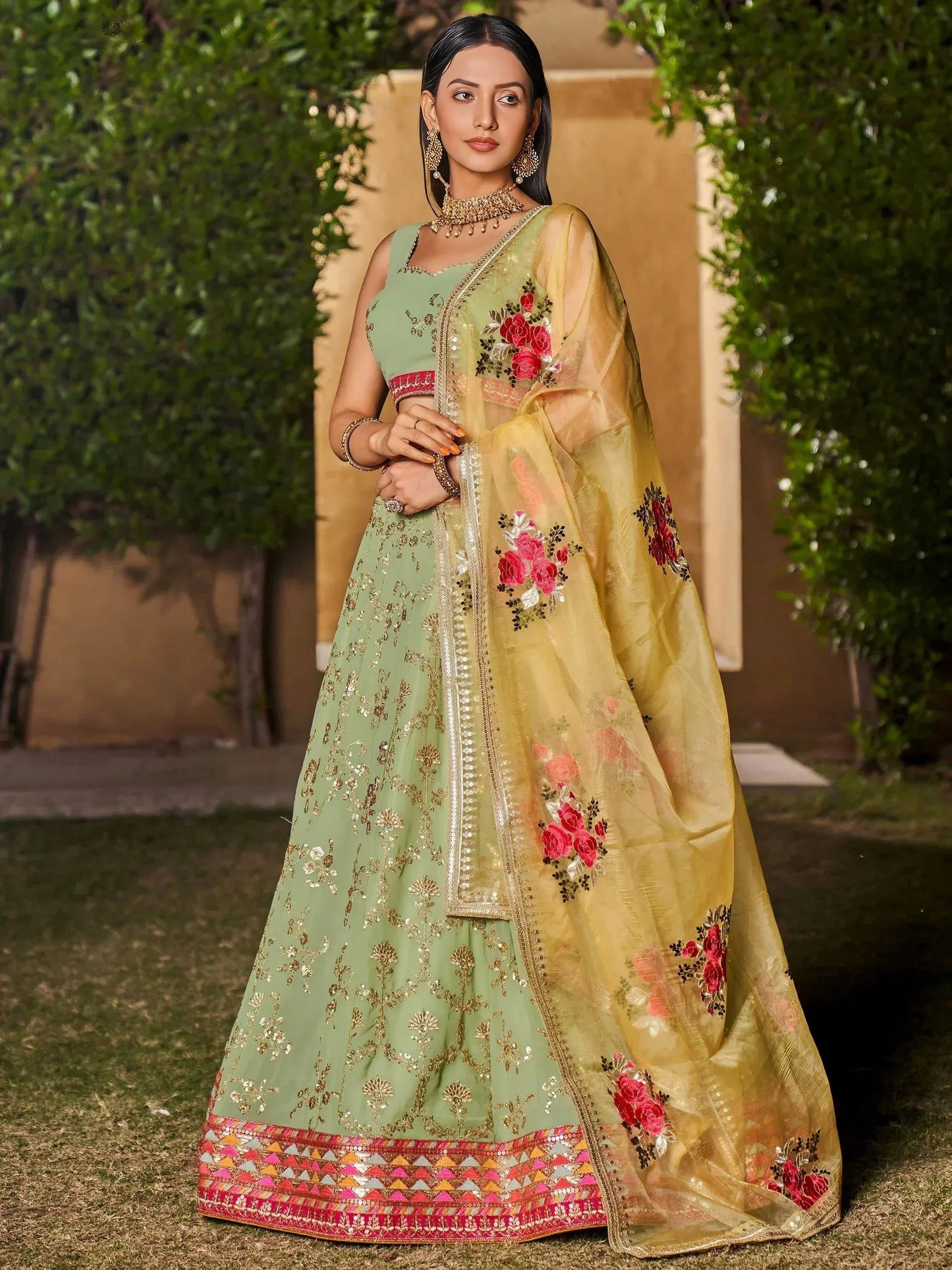 Tulsi Art Incredible Pista Green Sequins Georgette Lehenga Choli With Dupatta
