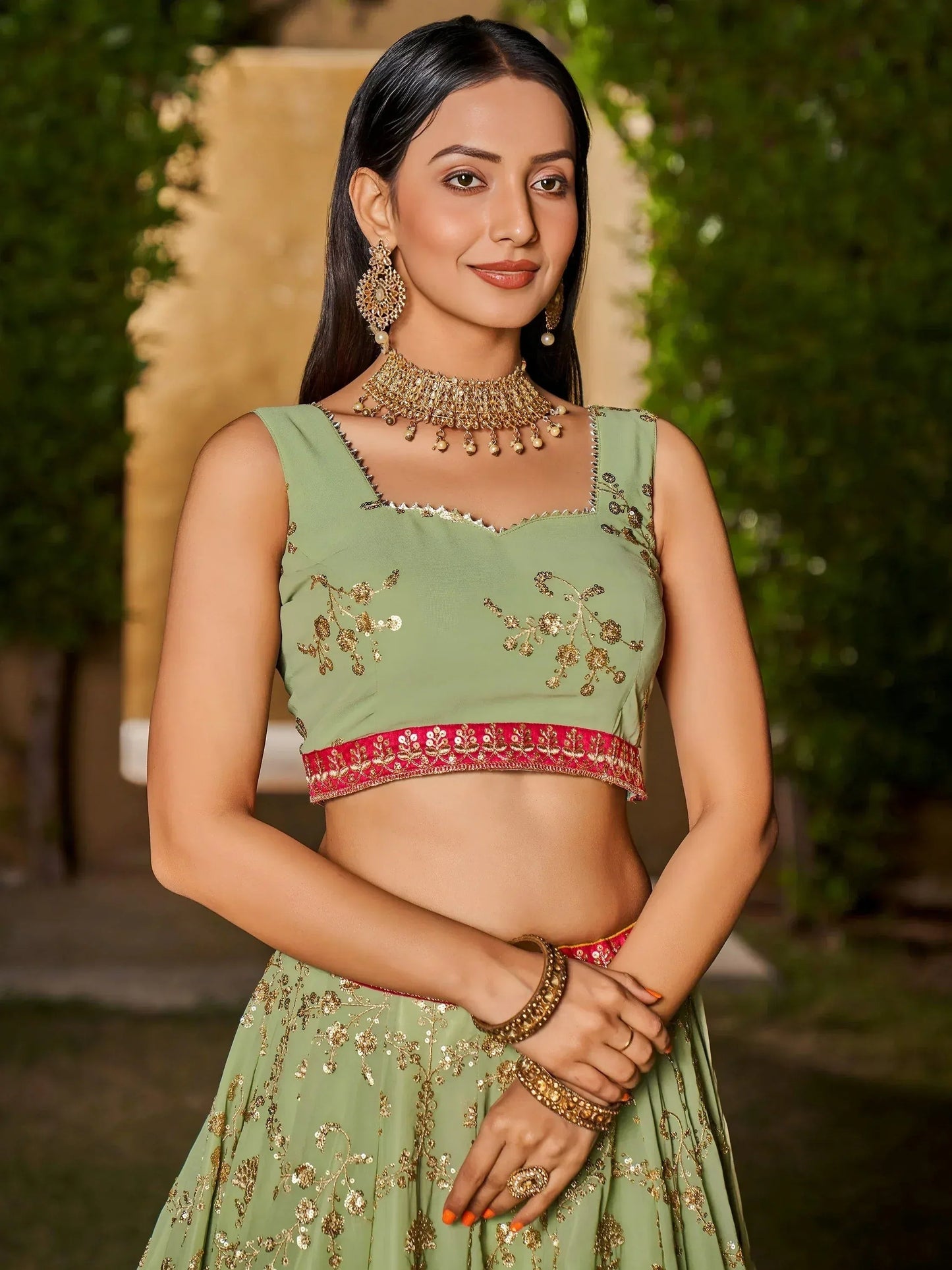 Tulsi Art Incredible Pista Green Sequins Georgette Lehenga Choli With Dupatta