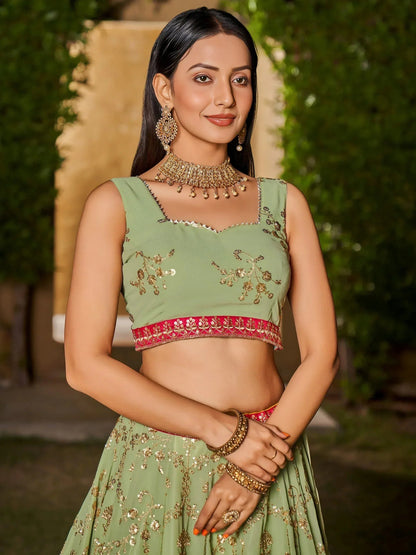 Tulsi Art Incredible Pista Green Sequins Georgette Lehenga Choli With Dupatta