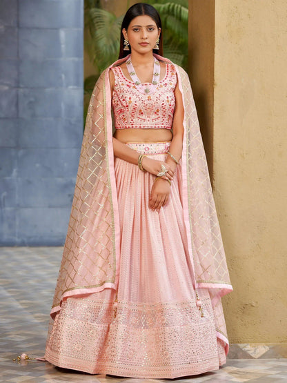 Tulsi Art Beautiful Pink Sequins Art Silk Bridesmaid Lehenga Choli With Dupatta
