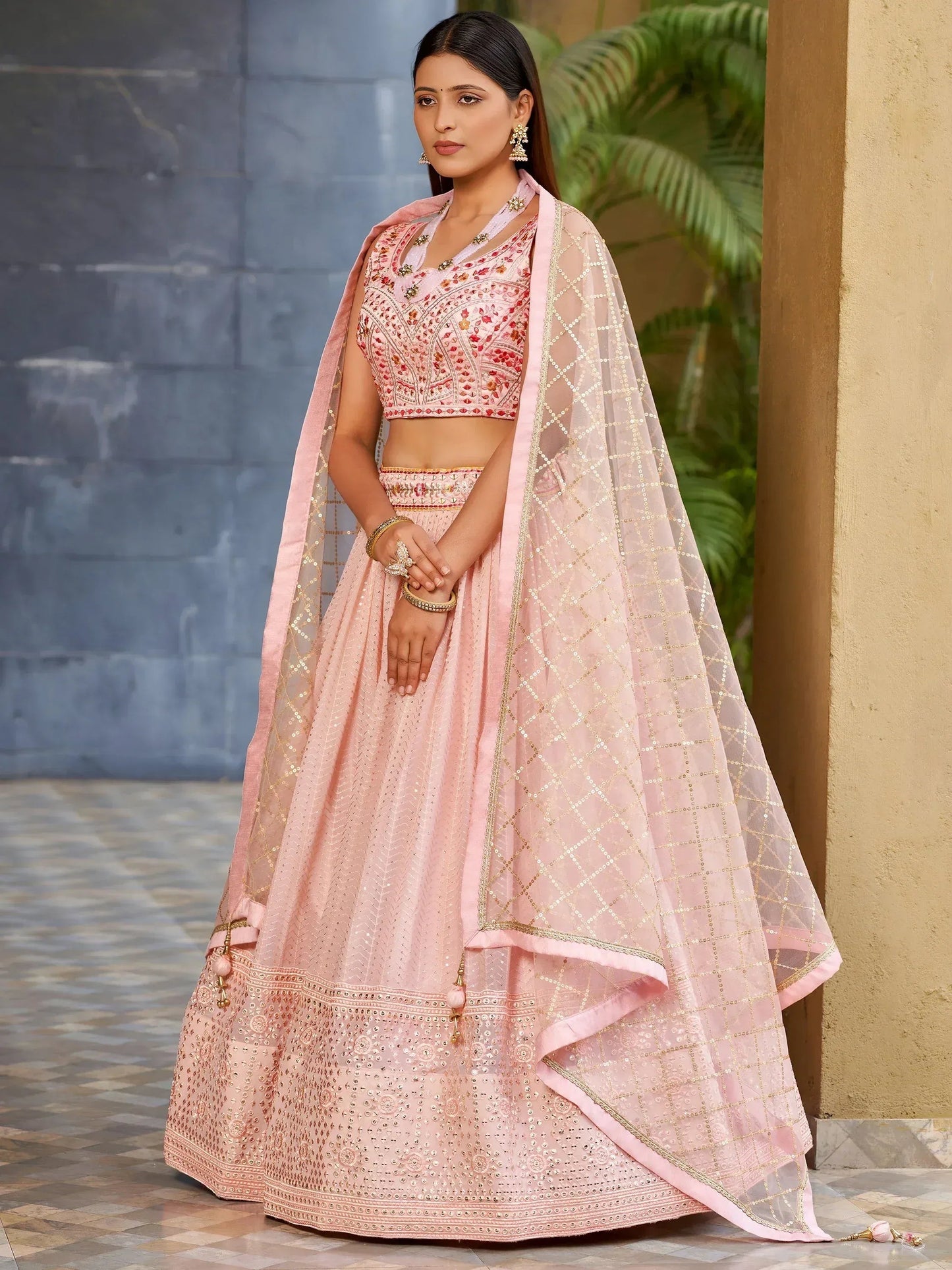 Tulsi Art Beautiful Pink Sequins Art Silk Bridesmaid Lehenga Choli With Dupatta