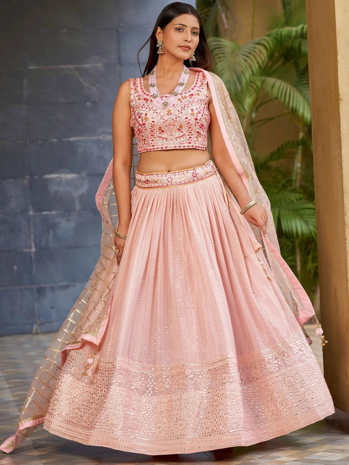 Tulsi Art Beautiful Pink Sequins Art Silk Bridesmaid Lehenga Choli With Dupatta