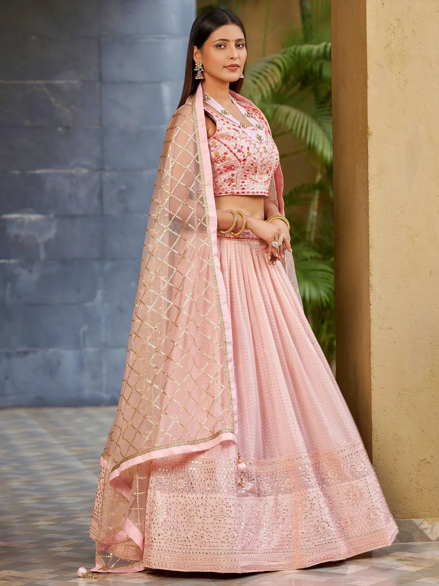 Tulsi Art Beautiful Pink Sequins Art Silk Bridesmaid Lehenga Choli With Dupatta