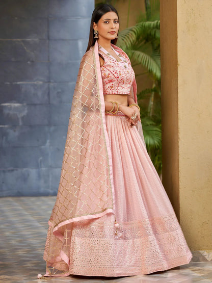 Tulsi Art Beautiful Pink Sequins Art Silk Bridesmaid Lehenga Choli With Dupatta