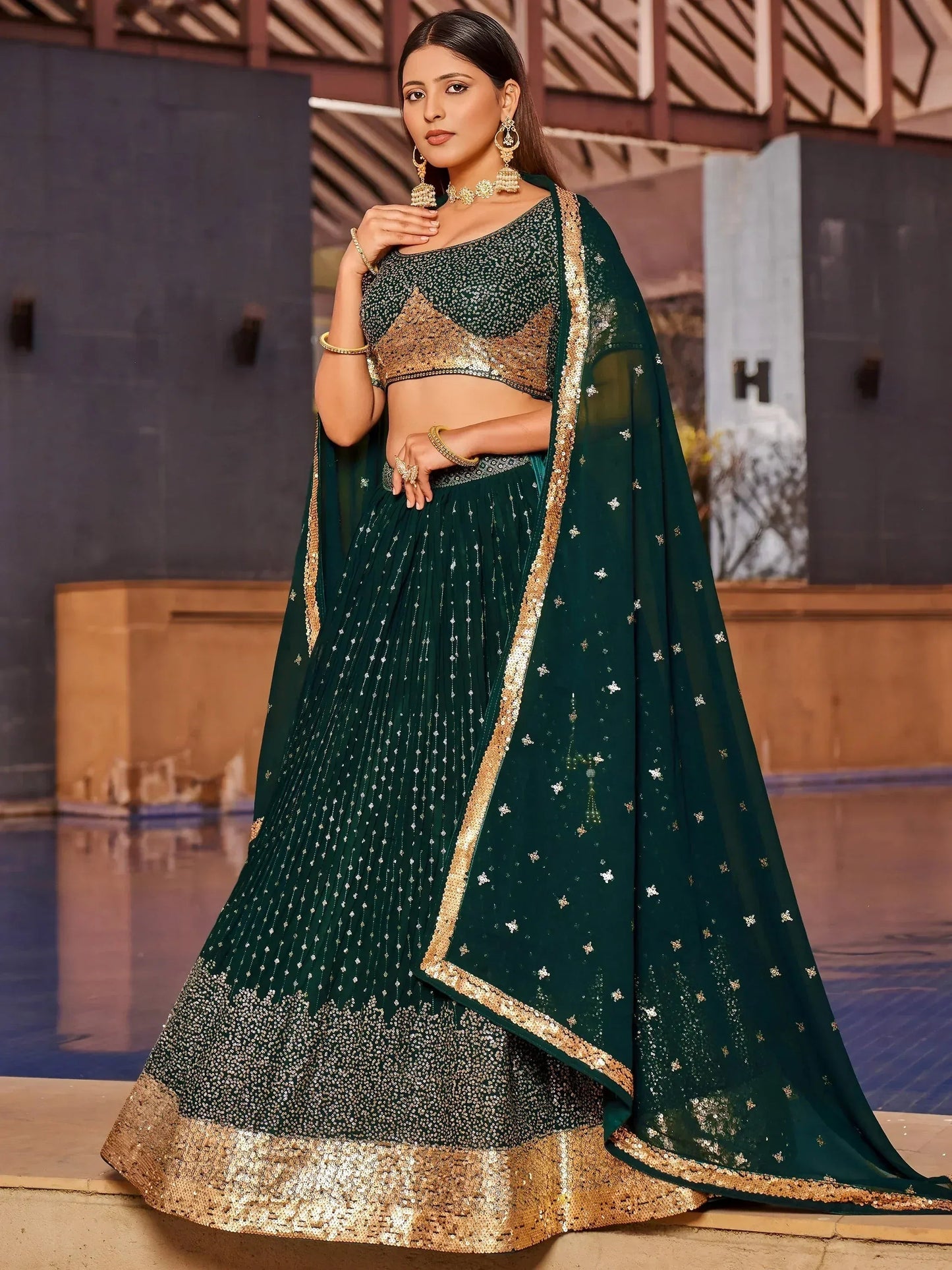 Tulsi Art Stunning Green Sequins Georgette Reception Wear Lehenga Choli
