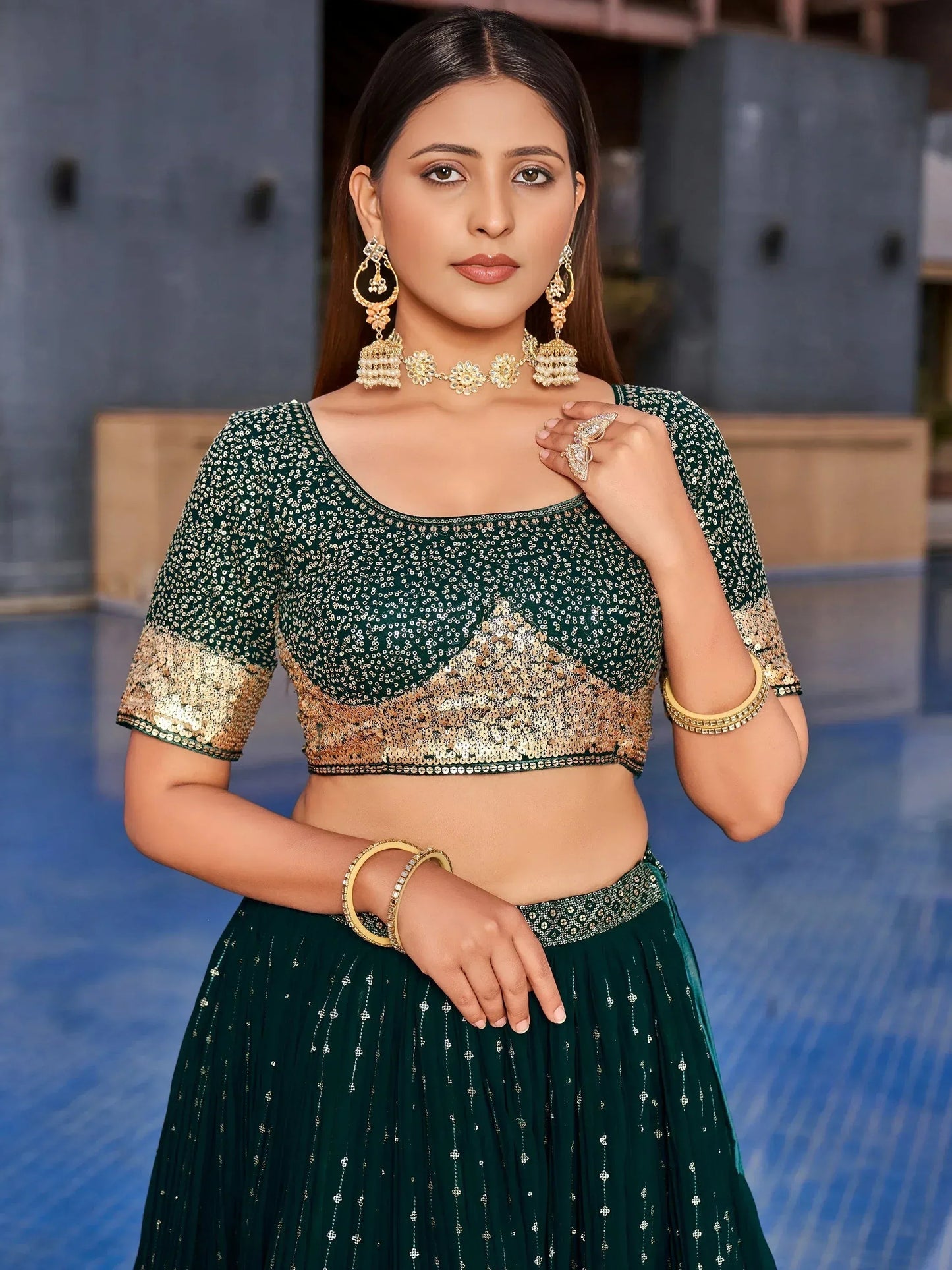 Tulsi Art Stunning Green Sequins Georgette Reception Wear Lehenga Choli