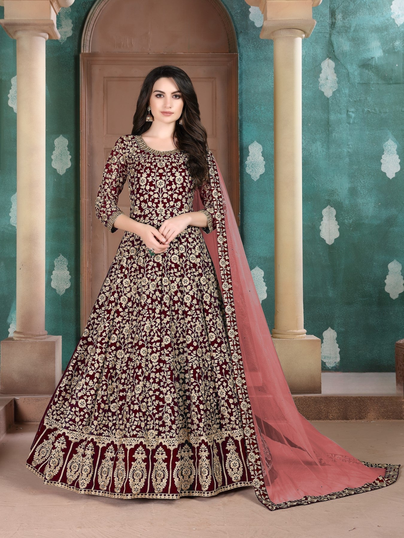 Anaita Maroon Embroidered Faux Georgette Anarkali Suit