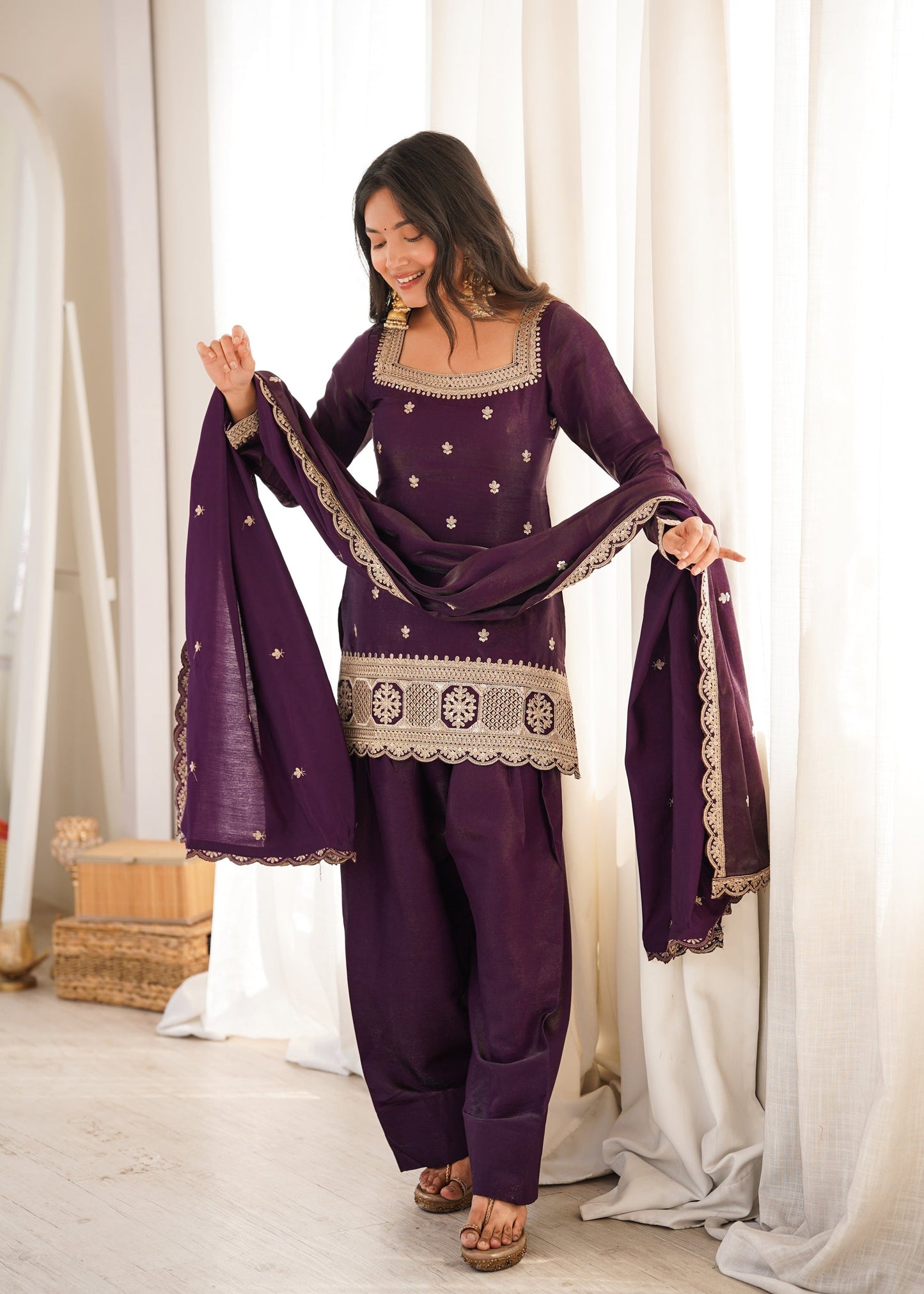 Lorenvalley Fashion Wine Glass Roman Silk with Embroidery Sequence and Jari Work Kurta Farshi Salwar with Dupatta