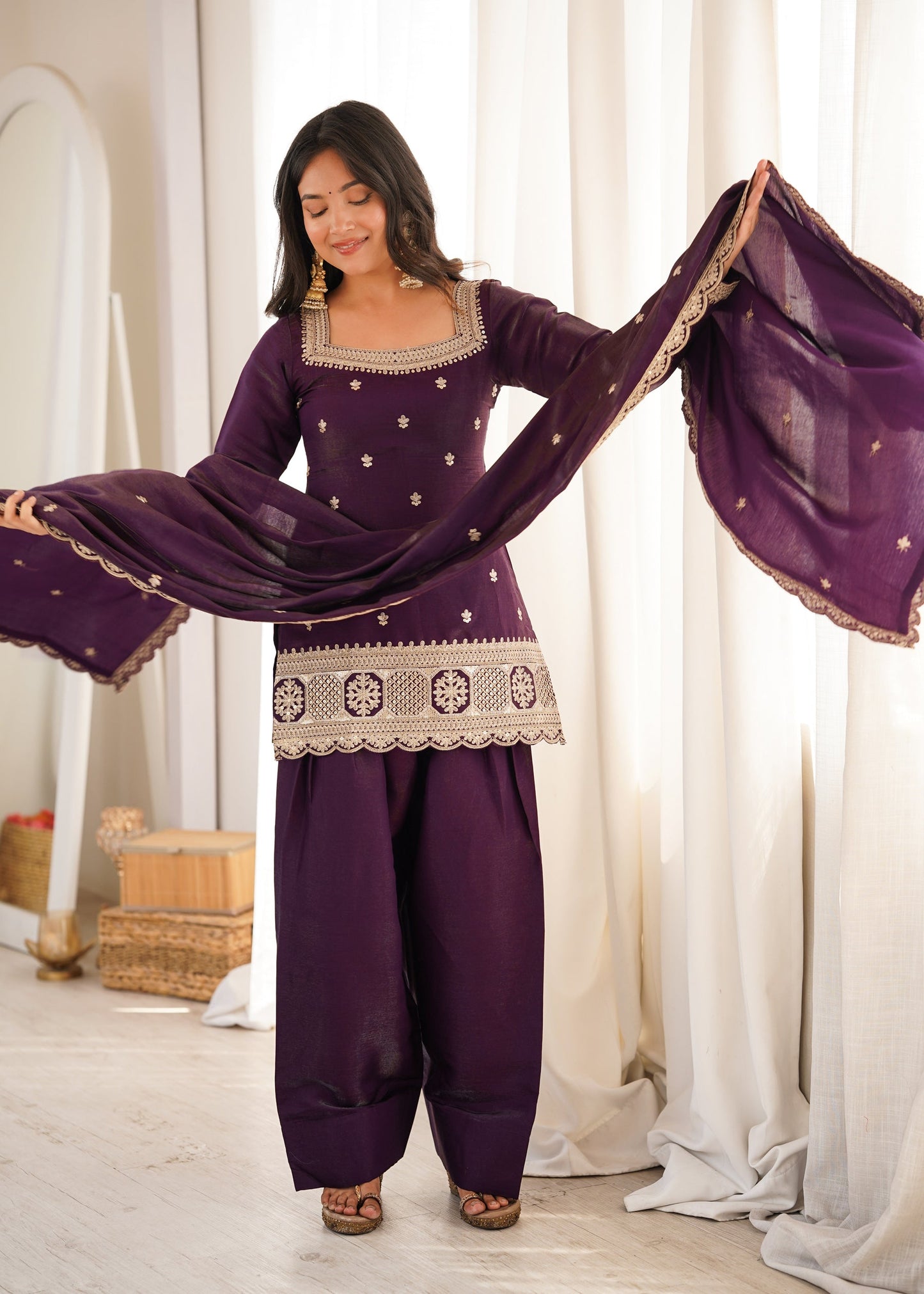 Lorenvalley Fashion Wine Glass Roman Silk with Embroidery Sequence and Jari Work Kurta Farshi Salwar with Dupatta