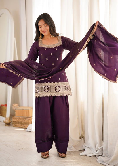 Lorenvalley Fashion Wine Glass Roman Silk with Embroidery Sequence and Jari Work Kurta Farshi Salwar with Dupatta