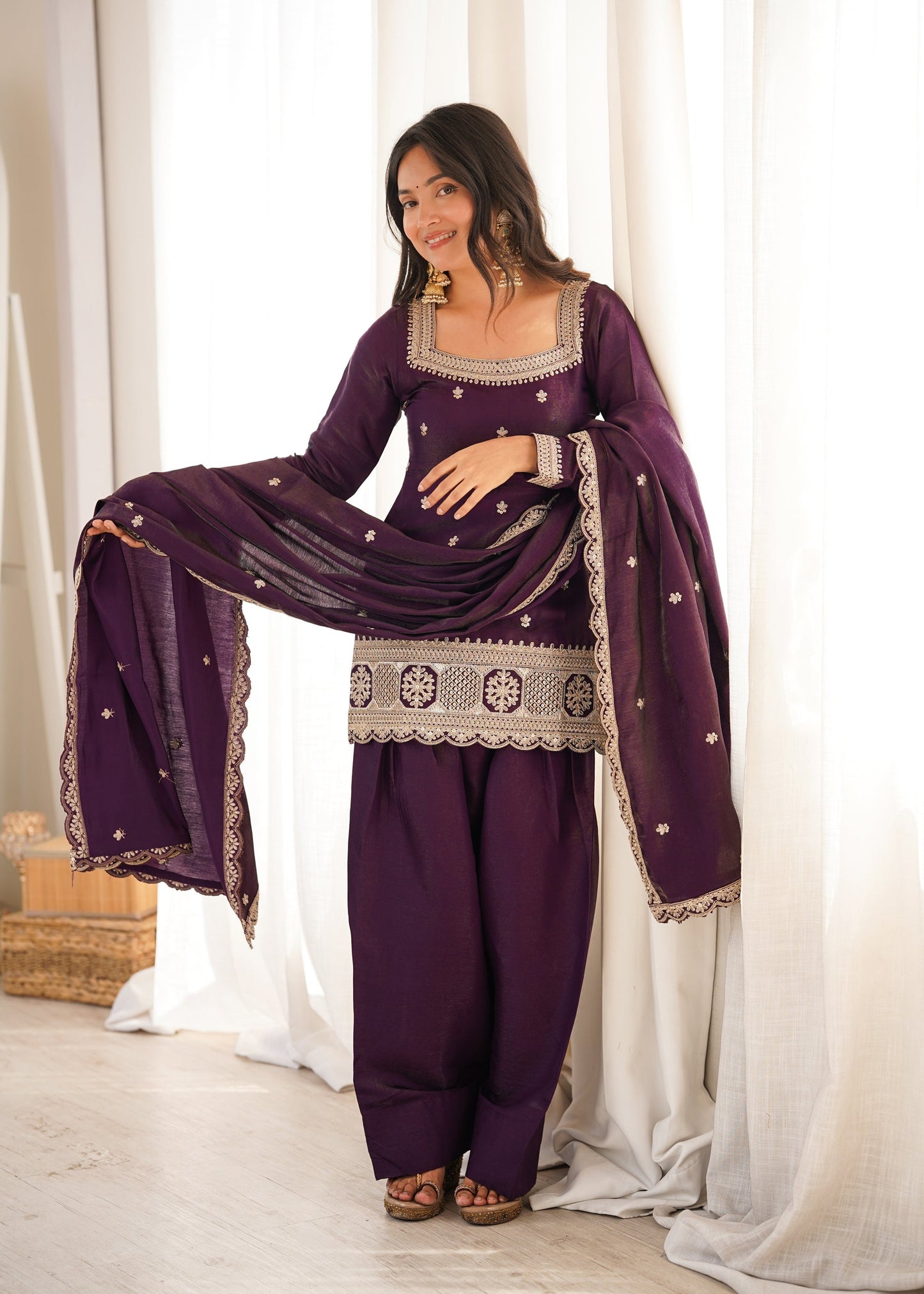 Lorenvalley Fashion Wine Glass Roman Silk with Embroidery Sequence and Jari Work Kurta Farshi Salwar with Dupatta