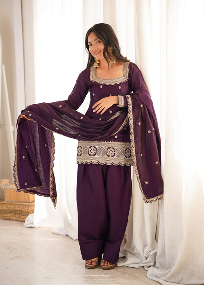 Lorenvalley Fashion Wine Glass Roman Silk with Embroidery Sequence and Jari Work Kurta Farshi Salwar with Dupatta