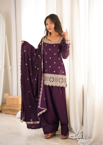Lorenvalley Fashion Wine Glass Roman Silk with Embroidery Sequence and Jari Work Kurta Farshi Salwar with Dupatta