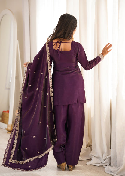 Lorenvalley Fashion Wine Glass Roman Silk with Embroidery Sequence and Jari Work Kurta Farshi Salwar with Dupatta