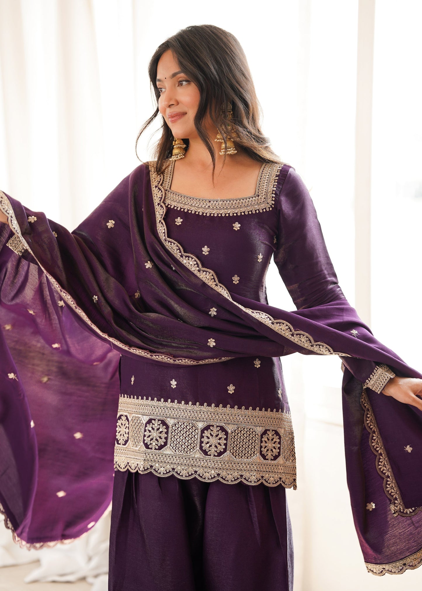 Lorenvalley Fashion Wine Glass Roman Silk with Embroidery Sequence and Jari Work Kurta Farshi Salwar with Dupatta