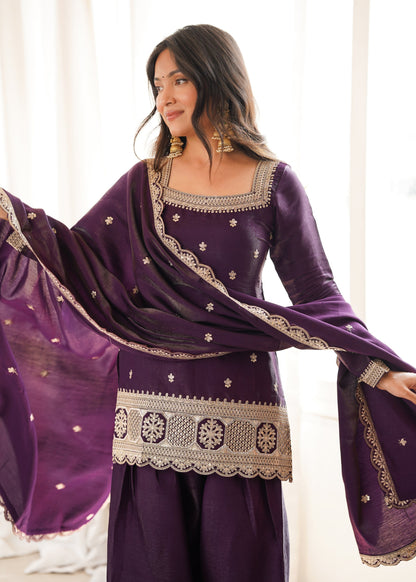 Lorenvalley Fashion Wine Glass Roman Silk with Embroidery Sequence and Jari Work Kurta Farshi Salwar with Dupatta