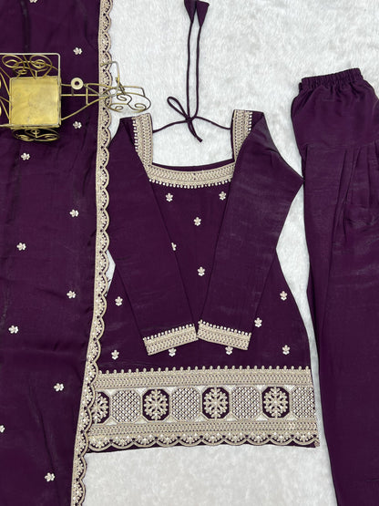 Lorenvalley Fashion Wine Glass Roman Silk with Embroidery Sequence and Jari Work Kurta Farshi Salwar with Dupatta