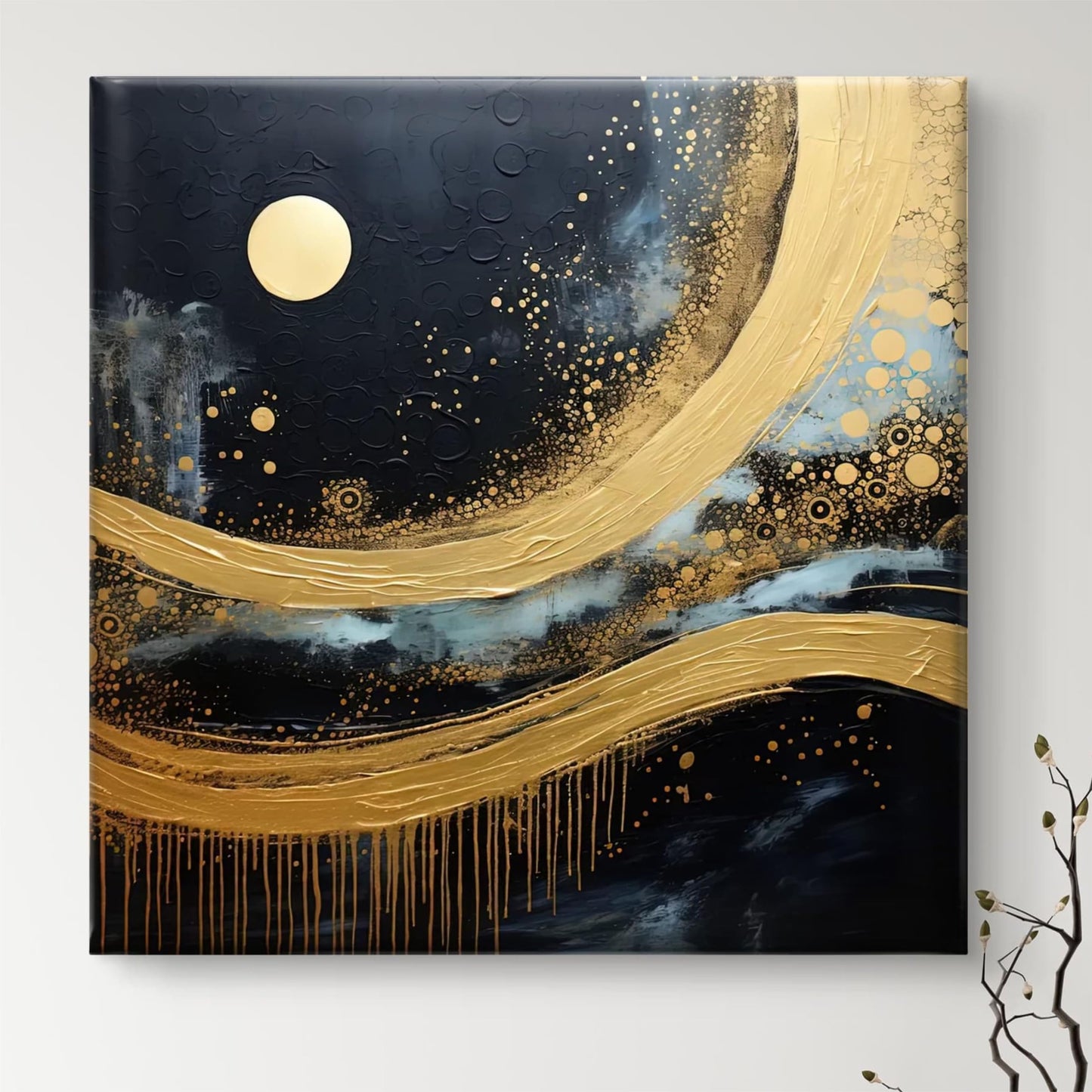 Wall Painting 3D Textured Gold Moon Night Sky Canvas 16 Inch x 16 Inch Navy Blue