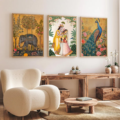 Wall Painting Set of 3 - Abstract Modern Mural - Beige Frame - 14x18 Inches - Acrylic Protection