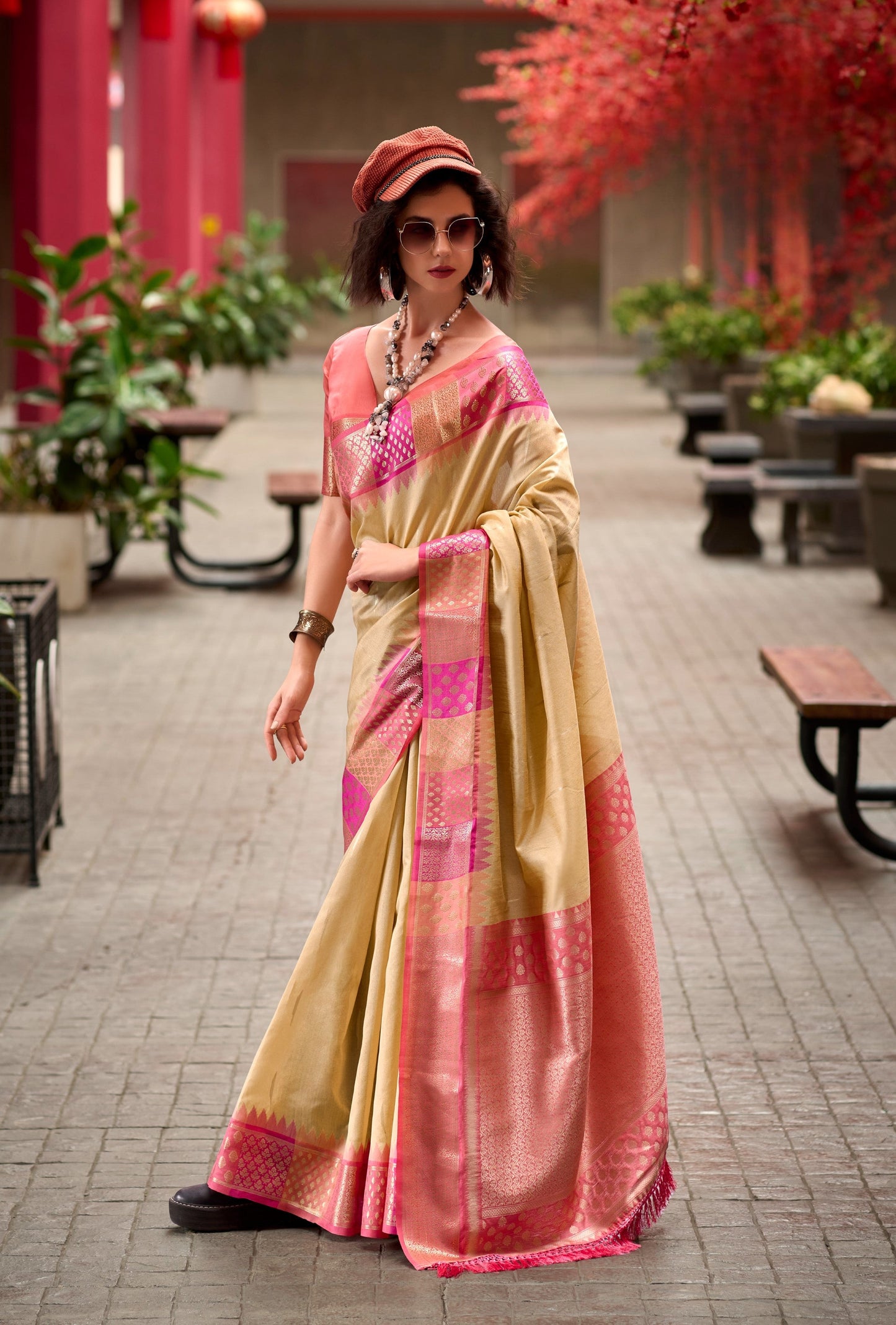 Anaita Cream Designer Weaving Pure Silk Saree With Blouse
