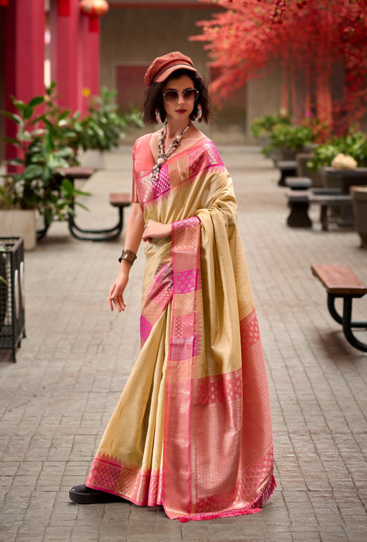 Anaita Cream Designer Weaving Pure Silk Saree With Blouse