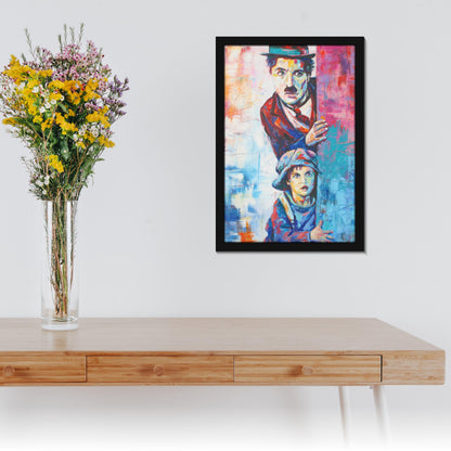 Canvas Painting of Charlie Chaplin & Kid - 8x12 Inch - Paper with Plexi Glass