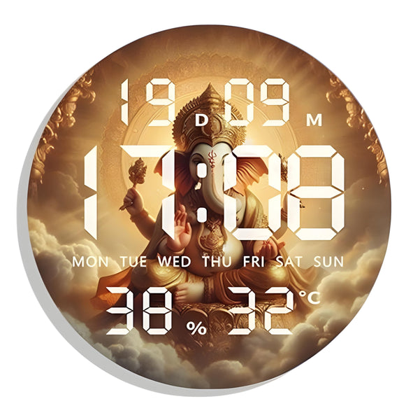 Digital Wall Clock with LED Display and Ganesha Picture, 24.3x24.3cm, USB Powered