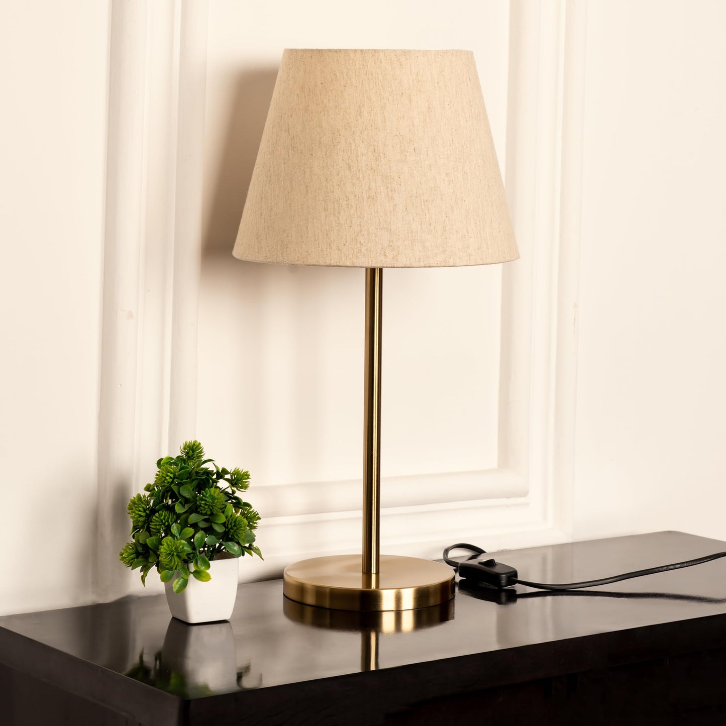 LED Table Lamp Modern Brass Antique Finish 19 Inch Height with 10 Inch Off White Tapered Shade