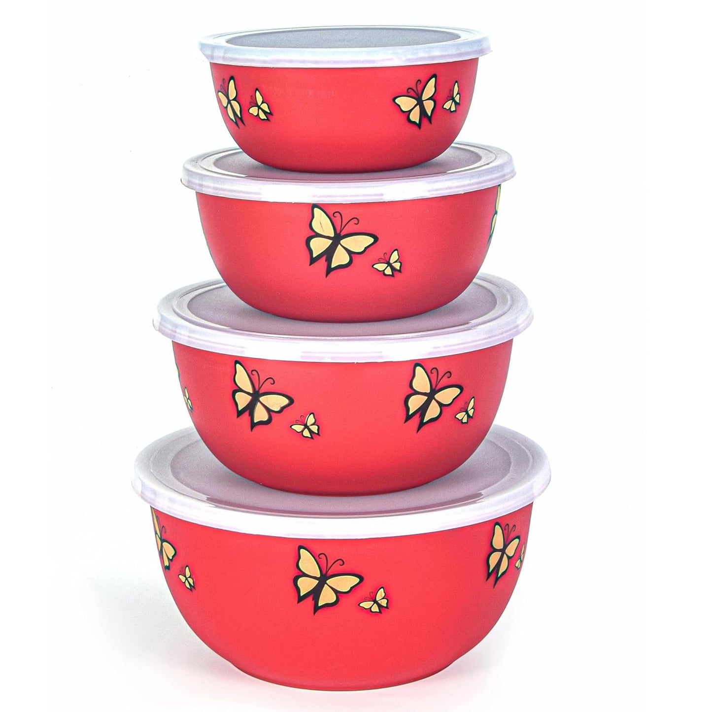 Zaib Microwave Safe Stainless Steel Food Storage Container with Lid|500ml, 800ml, 1250ml, 2000 ml | Reheatable (4 Red Butterfly)