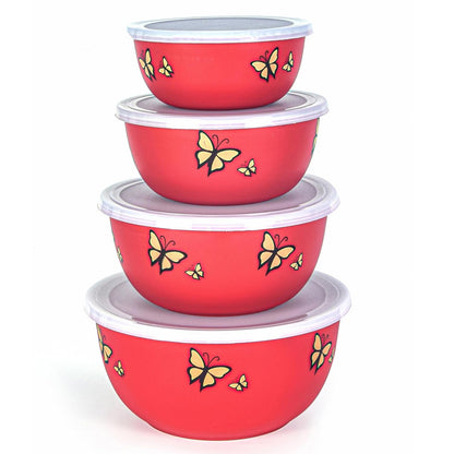 Zaib Microwave Safe Stainless Steel Food Storage Container with Lid|500ml, 800ml, 1250ml, 2000 ml | Reheatable (4 Red Butterfly)