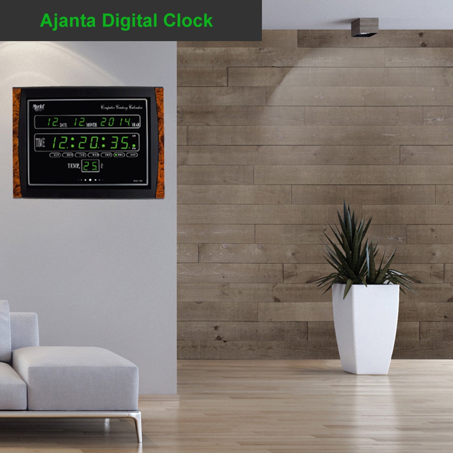 Digital Wall Clock with LED Display, Green Glass, 39.6 cm x 29.6 cm