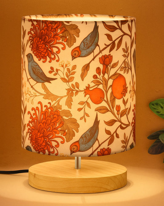 Table Lamp with Floral Fabric Shade - Wooden Base - 24x14x15cm - Multicolor