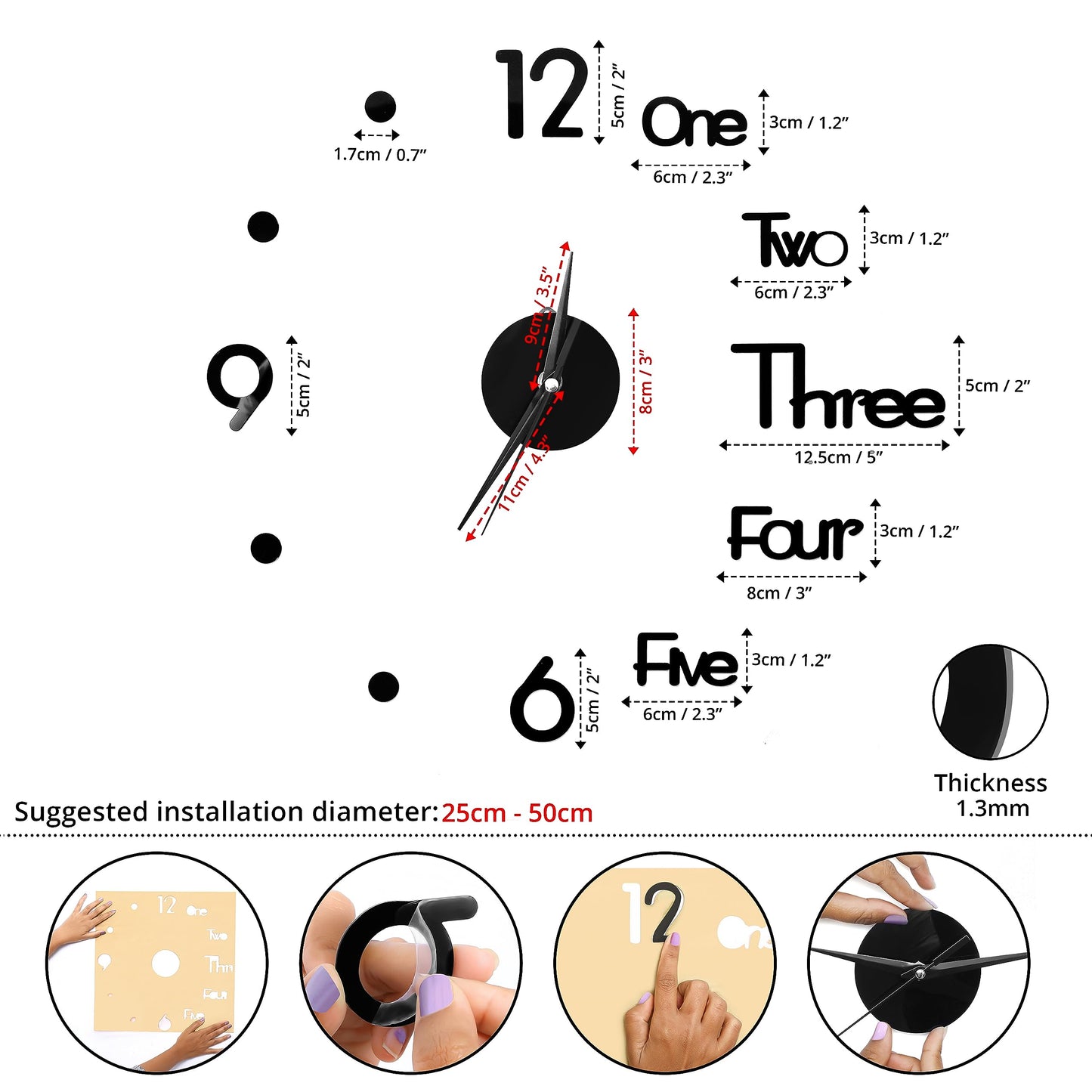 DIY 3D Wall Clock - Non-Ticking Frameless Analog Clock, Black, Adjustable Size 25-50 cm