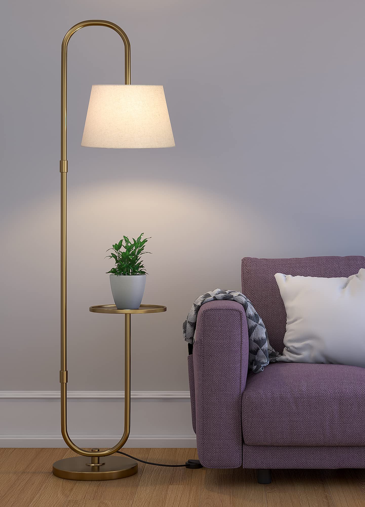 Floor Lamp with Shelf LED Lighting Brass Antique Finish 5ft Height 10 Inch Diameter Off White Shade
