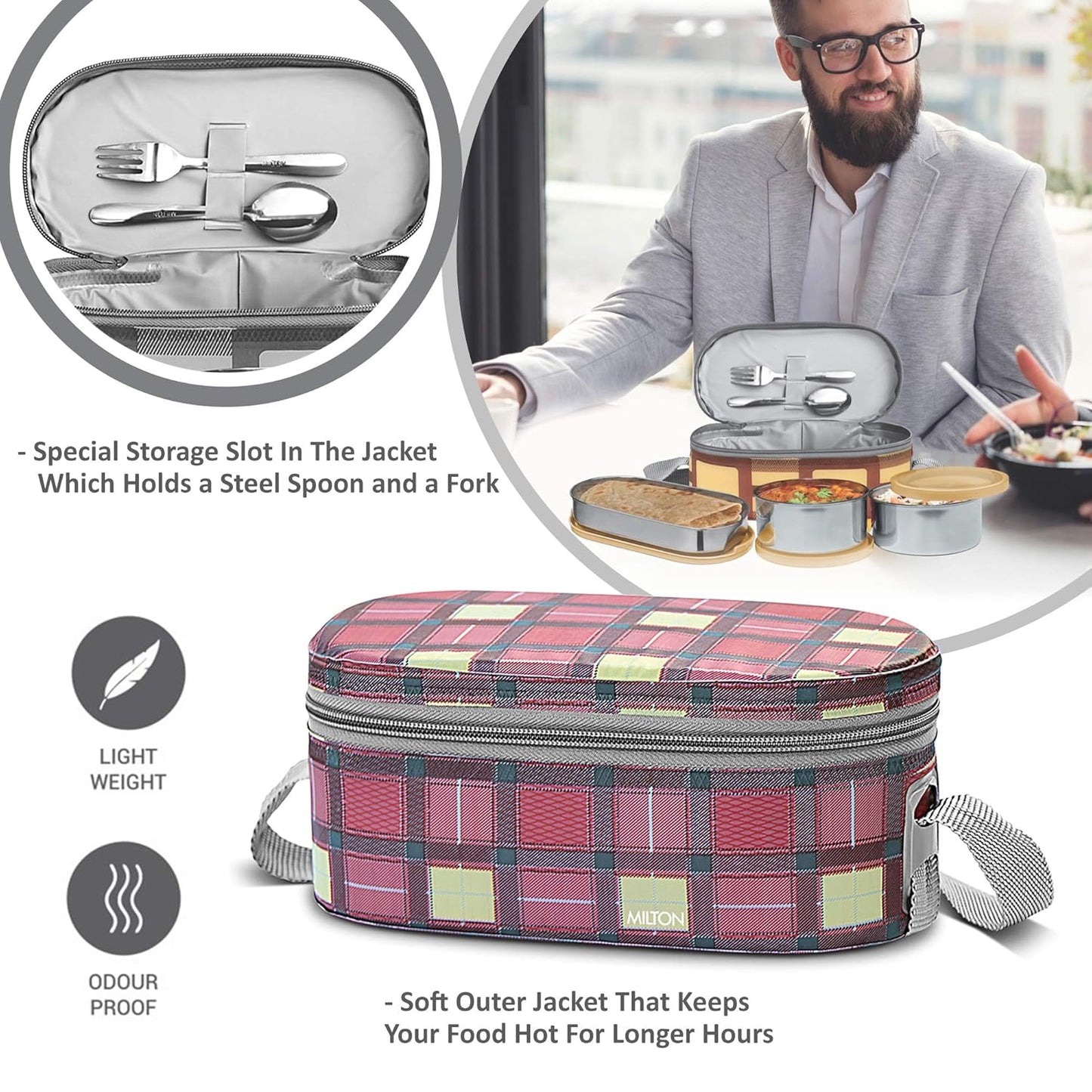 MILTON Corporate Lunch Stainless Steel Containers, Set of 3, (280 ml, 280 ml, 472 ml), Maroon