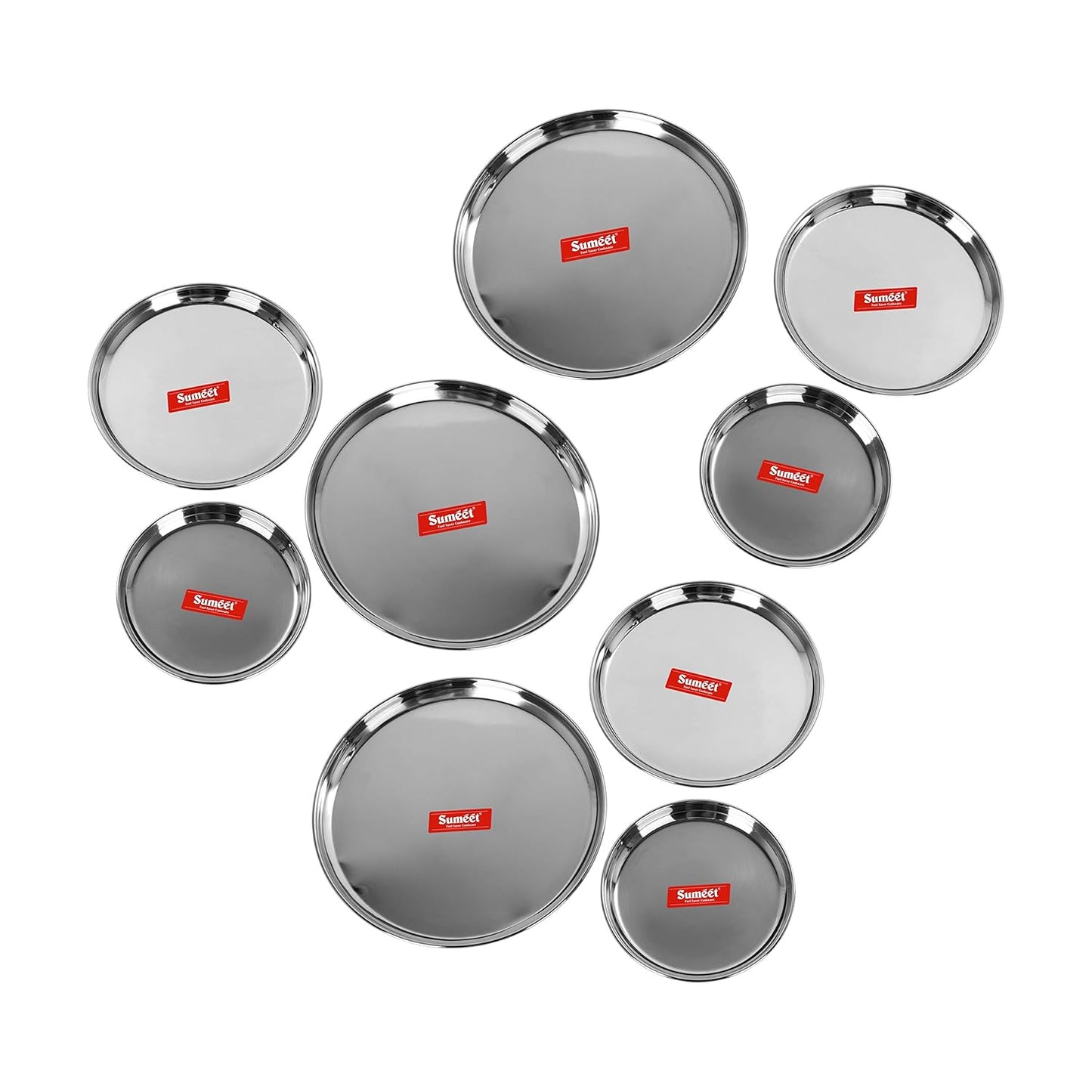 Sumeet Stainless Steel Heavy Gauge Multi Purpose Plates with Mirror Finish Set of 9pc (Dia - 17cm, 22cm,27.5cm)