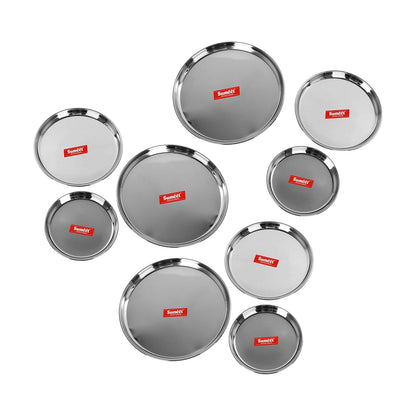 Sumeet Stainless Steel Heavy Gauge Multi Purpose Plates with Mirror Finish Set of 9pc (Dia - 17cm, 22cm,27.5cm)