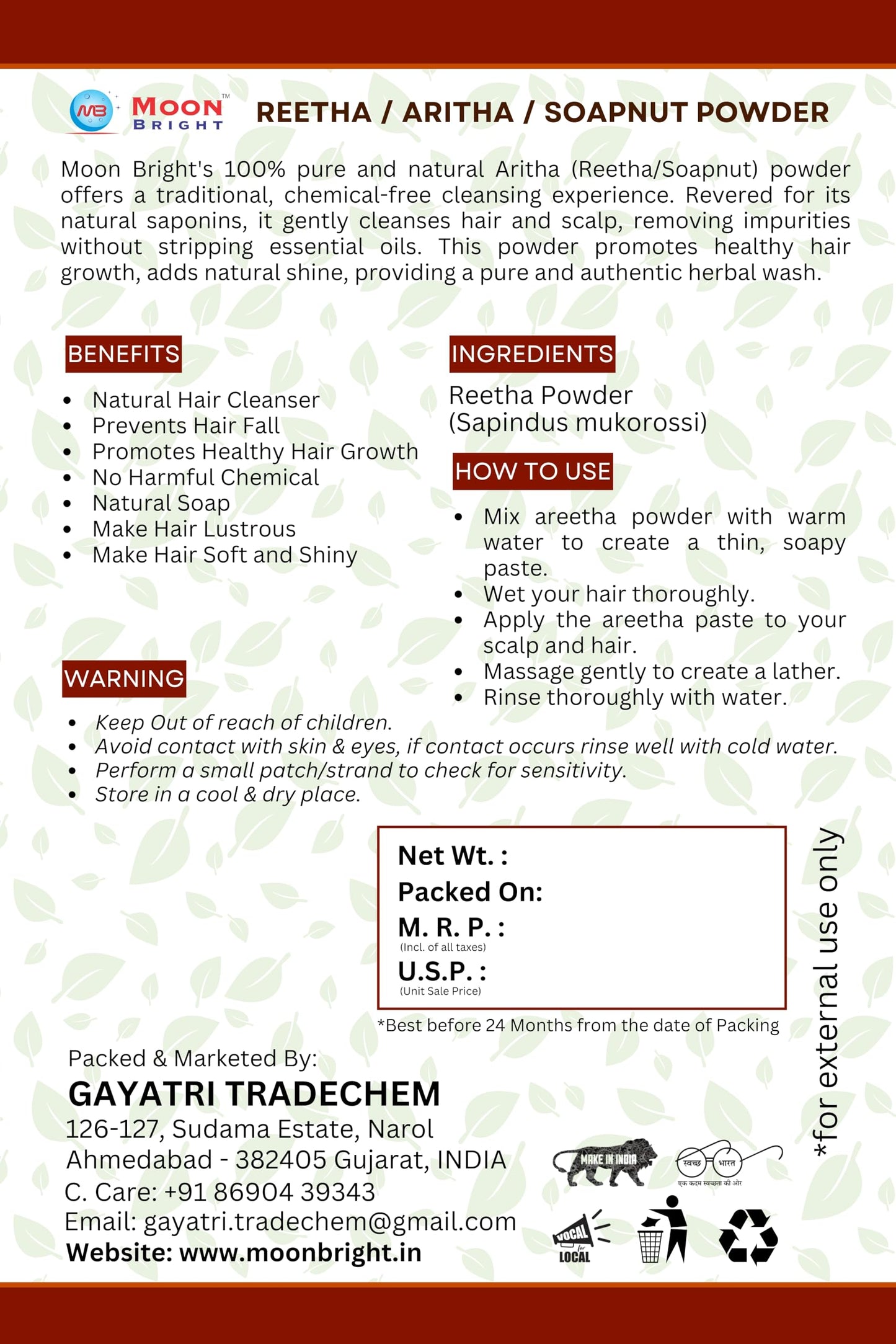 Pure Reetha Powder - Natural Hair Cleanser, 500 GM