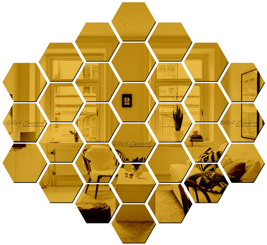 Acrylic Hexagonal Wall Mirror Stickers - Gold Finish - 30 cm - Decorative Wall Art for Living Room, Bedroom, Kitchen