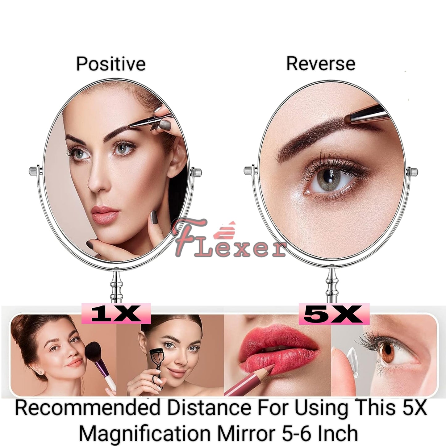 Dual Sided Magnifying Oval Mirror 5X/1X Tabletop Stand Silver