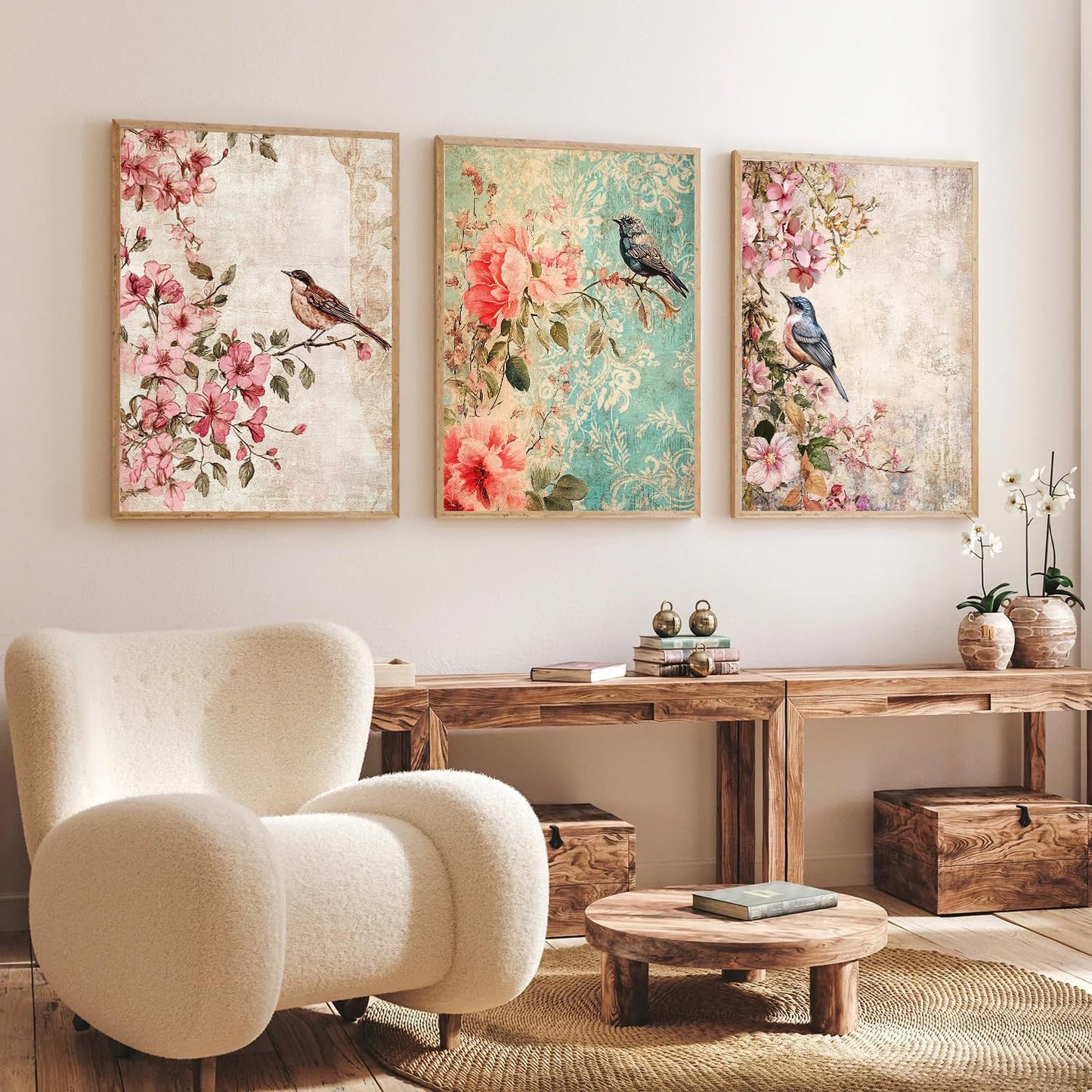 Wall Painting Set of 3 - Modern Bird Art - Beige Frame - 14x18 Inches - Acrylic Protection