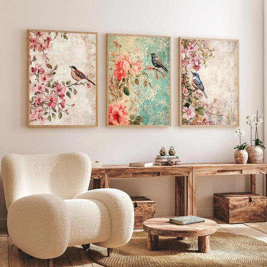 Wall Painting Set of 3 - Modern Bird Art - Beige Frame - 14x18 Inches - Acrylic Protection